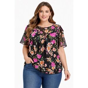 Per Seption Women 1X Black Floral Sheer Blouse Flutter Sleeve Boho Top